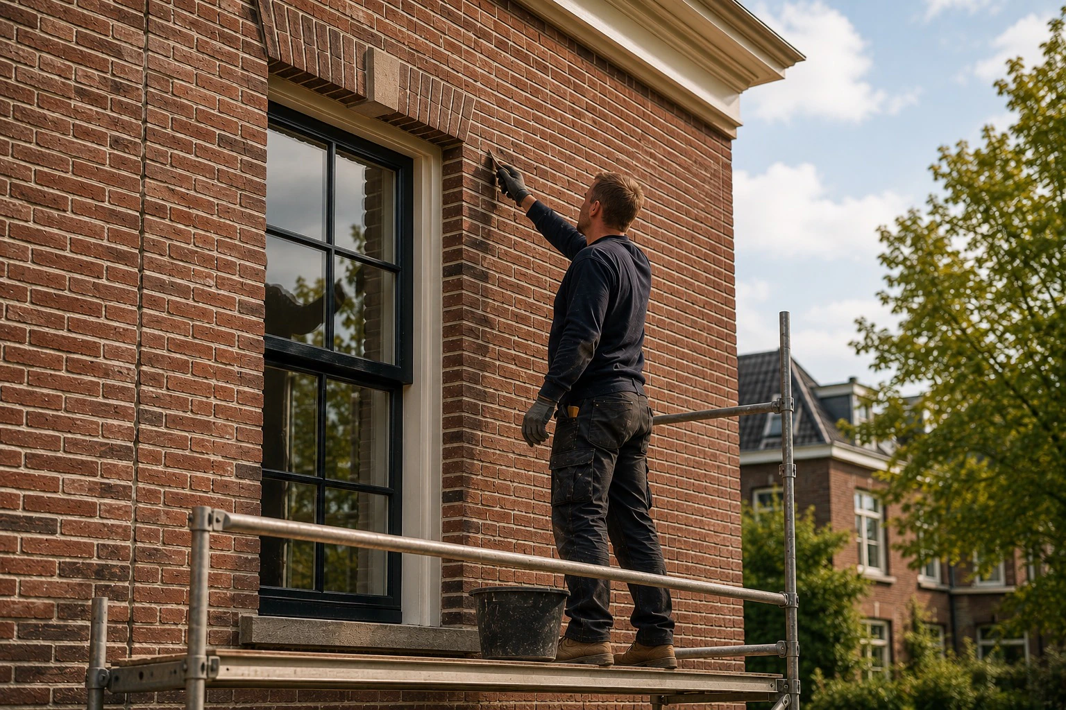 Ondernemer werkt aan een bakstenen gevel